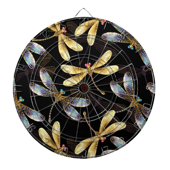 Seamless Pattern with Golden Dragonflies Dartboard (Front)