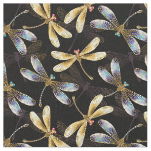 Seamless Pattern with Golden Dragonflies Fabric