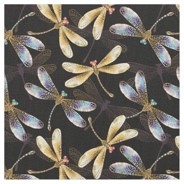 Seamless Pattern with Golden Dragonflies Fabric (Close Up)
