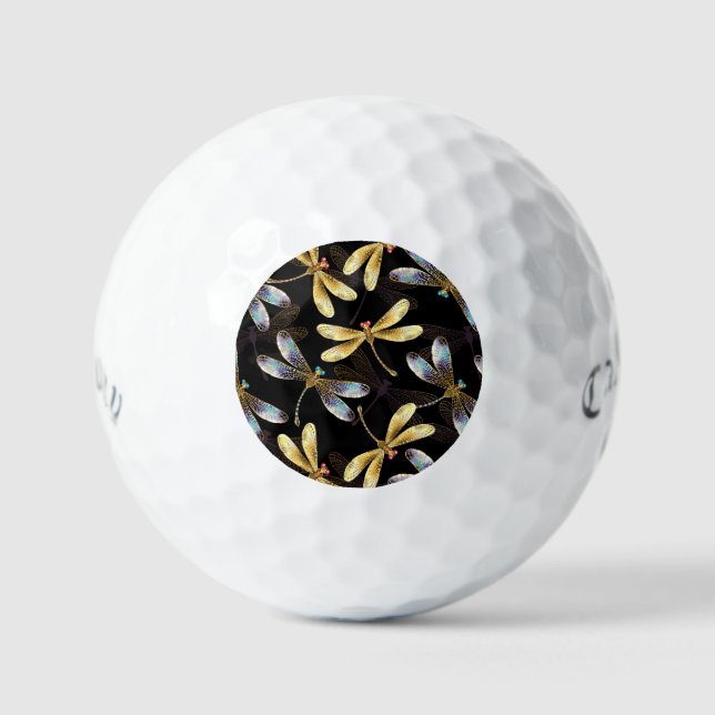 Seamless Pattern with Golden Dragonflies Golf Balls (Front)