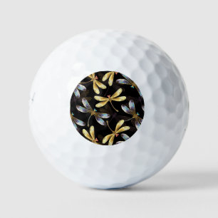 Seamless Pattern with Golden Dragonflies Golf Balls