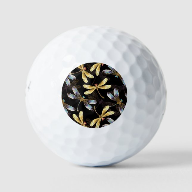 Seamless Pattern with Golden Dragonflies Golf Balls (Front)