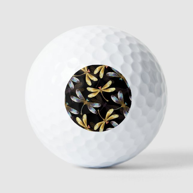 Seamless Pattern with Golden Dragonflies Golf Balls (Front)