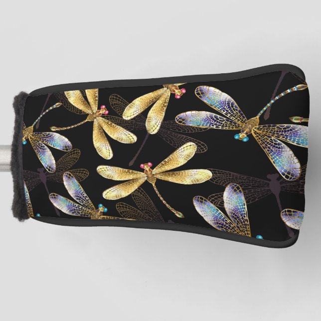 Seamless Pattern with Golden Dragonflies Golf Head Cover (Front)