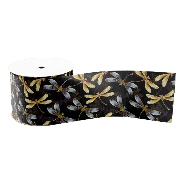Seamless Pattern with Golden Dragonflies Grosgrain Ribbon (Spool)