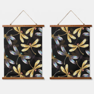 Seamless Pattern with Golden Dragonflies Hanging Tapestry