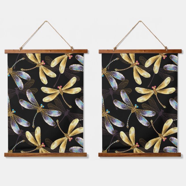 Seamless Pattern with Golden Dragonflies Hanging Tapestry (Double)