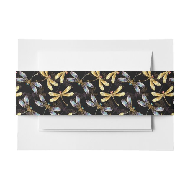 Seamless Pattern with Golden Dragonflies Invitation Belly Band (Front Example)