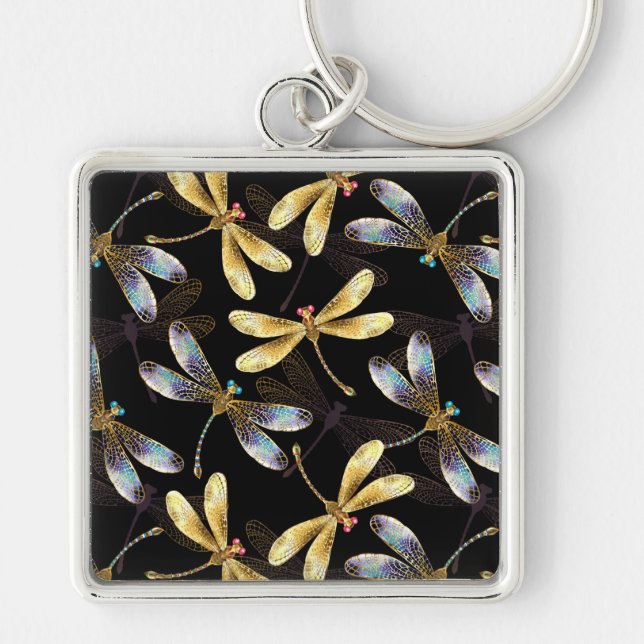 Seamless Pattern with Golden Dragonflies Key Ring (Front)
