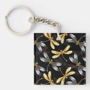Seamless Pattern with Golden Dragonflies Key Ring