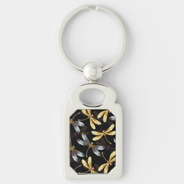 Seamless Pattern with Golden Dragonflies Key Ring (Front)