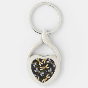 Seamless Pattern with Golden Dragonflies Key Ring