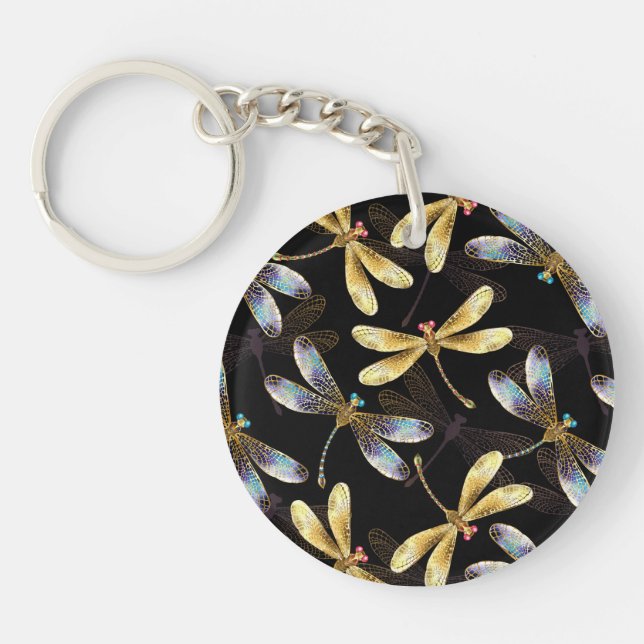 Seamless Pattern with Golden Dragonflies Key Ring (Front)