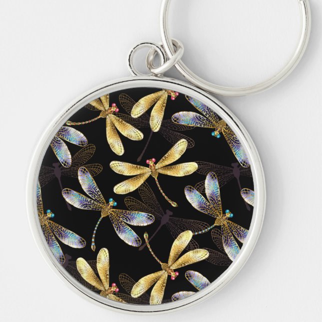Seamless Pattern with Golden Dragonflies Key Ring (Front)