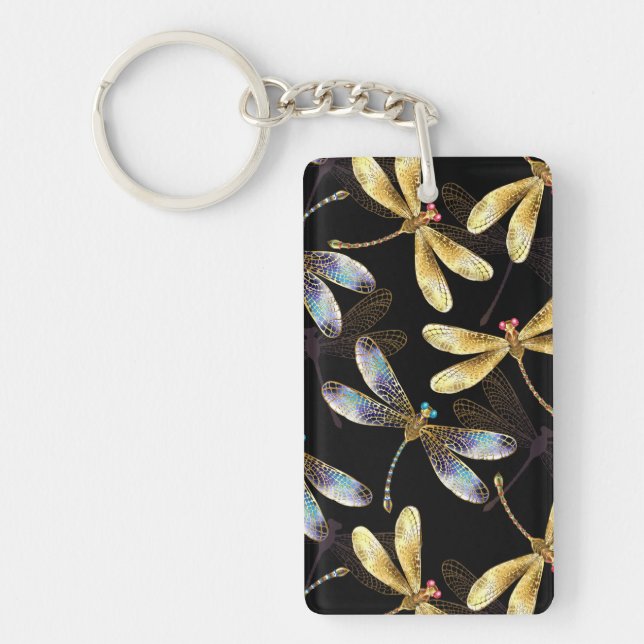 Seamless Pattern with Golden Dragonflies Key Ring (Front)