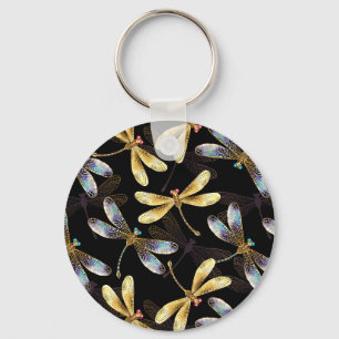 Seamless Pattern with Golden Dragonflies Key Ring