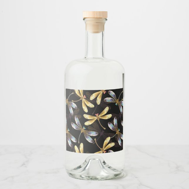 Seamless Pattern with Golden Dragonflies Liquor Bottle Label (Front)