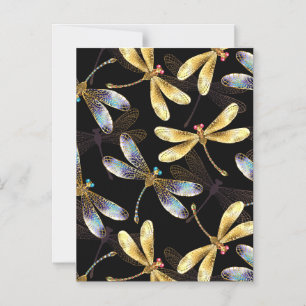 Seamless Pattern with Golden Dragonflies Magnetic Invitation