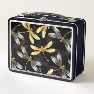 Seamless Pattern with Golden Dragonflies Metal Lunch Box