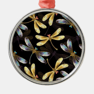 Seamless Pattern with Golden Dragonflies Metal Ornament