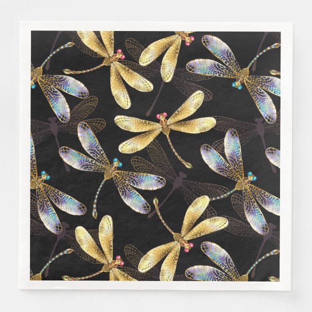 Seamless Pattern with Golden Dragonflies Napkin (Front)