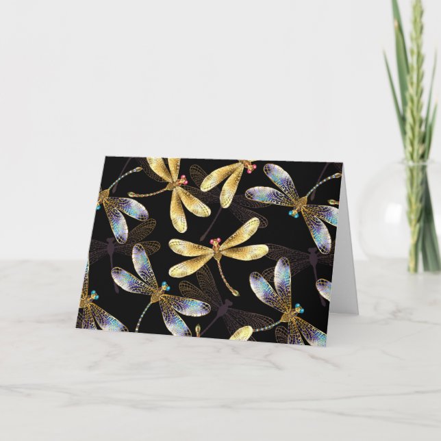 Seamless Pattern with Golden Dragonflies Note Card (Front)