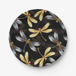 Seamless Pattern with Golden Dragonflies Paper Plate
