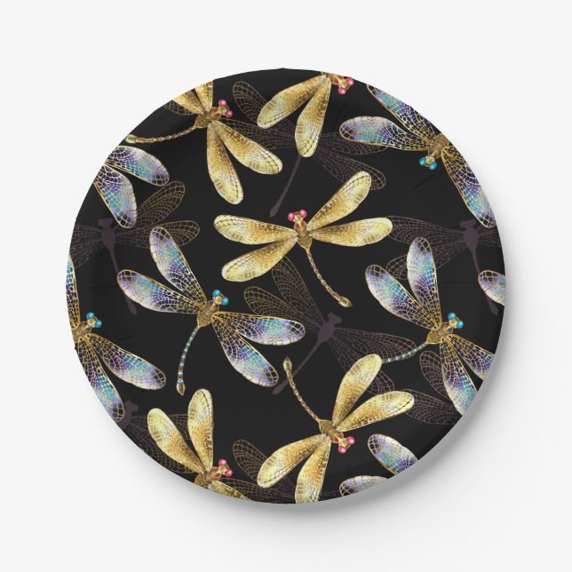Seamless Pattern with Golden Dragonflies Paper Plate (Front)