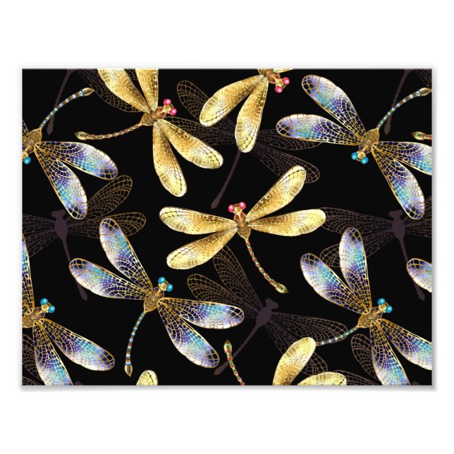 Seamless Pattern with Golden Dragonflies Photo Print (Front)