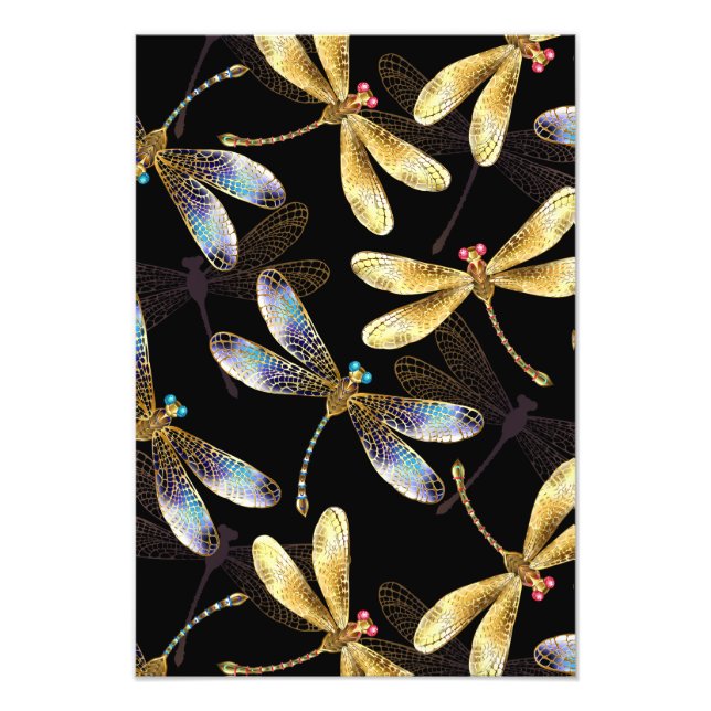 Seamless Pattern with Golden Dragonflies Photo Print (Front)