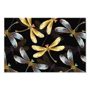 Seamless Pattern with Golden Dragonflies Photo Print