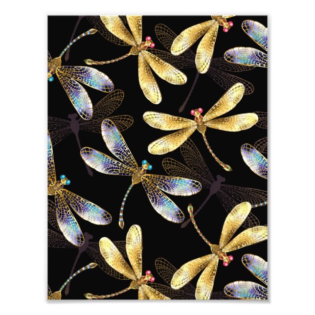 Seamless Pattern with Golden Dragonflies Photo Print (Front)