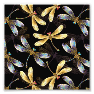 Seamless Pattern with Golden Dragonflies Photo Print