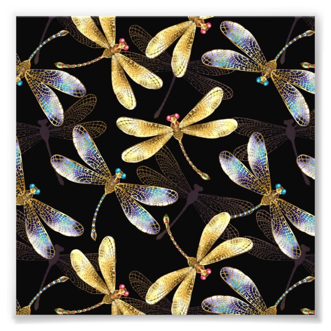 Seamless Pattern with Golden Dragonflies Photo Print (Front)