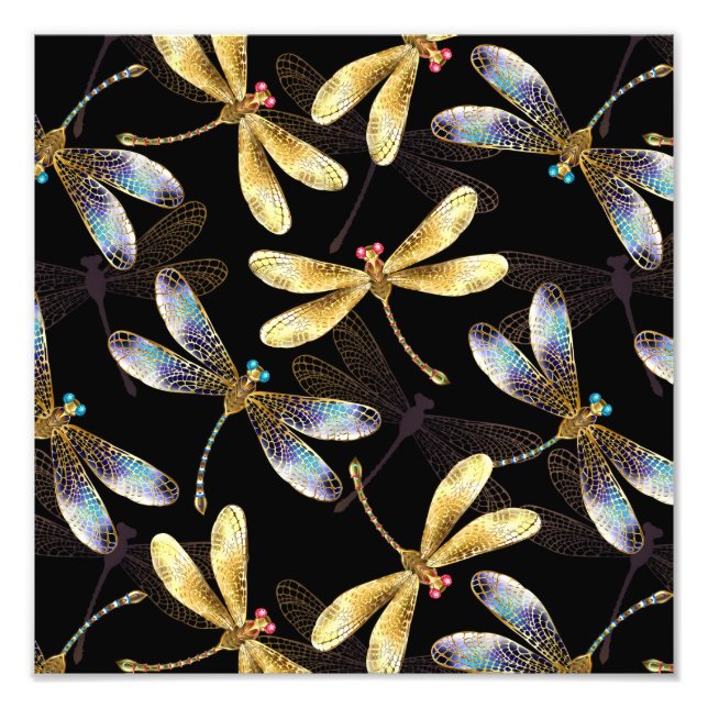 Seamless Pattern with Golden Dragonflies Photo Print (Front)