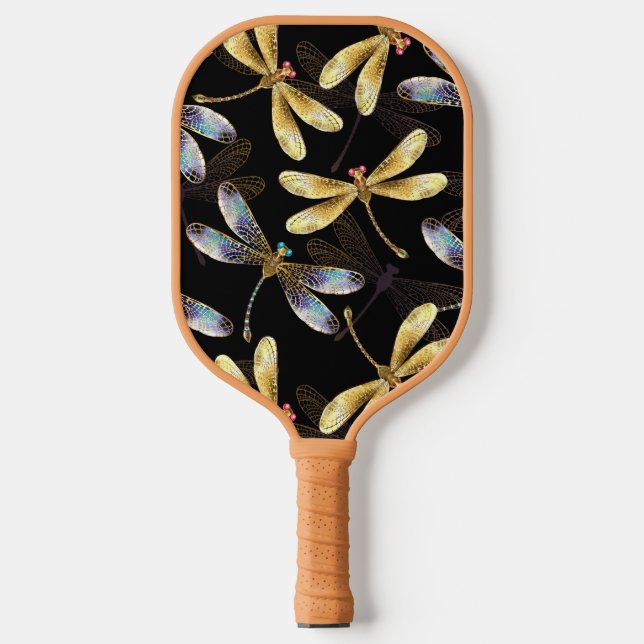 Seamless Pattern with Golden Dragonflies Pickleball Paddle (Front)