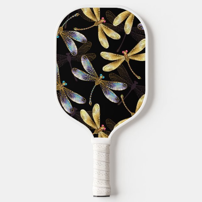 Seamless Pattern with Golden Dragonflies Pickleball Paddle (Front)