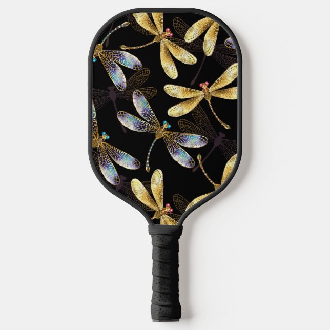 Seamless Pattern with Golden Dragonflies Pickleball Paddle (Front)