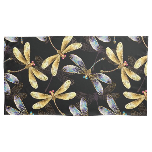 Seamless Pattern with Golden Dragonflies Pillowcase (Front-Left)