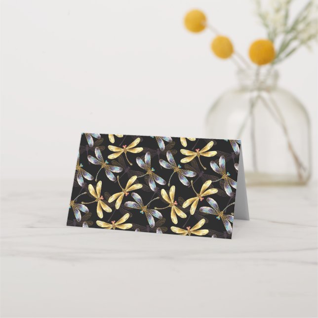 Seamless Pattern with Golden Dragonflies Place Card (Front)