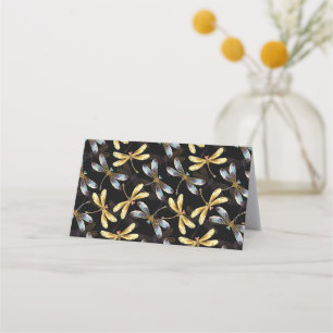 Seamless Pattern with Golden Dragonflies Place Card