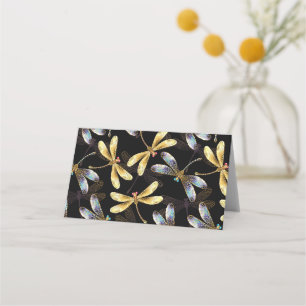 Seamless Pattern with Golden Dragonflies Place Card