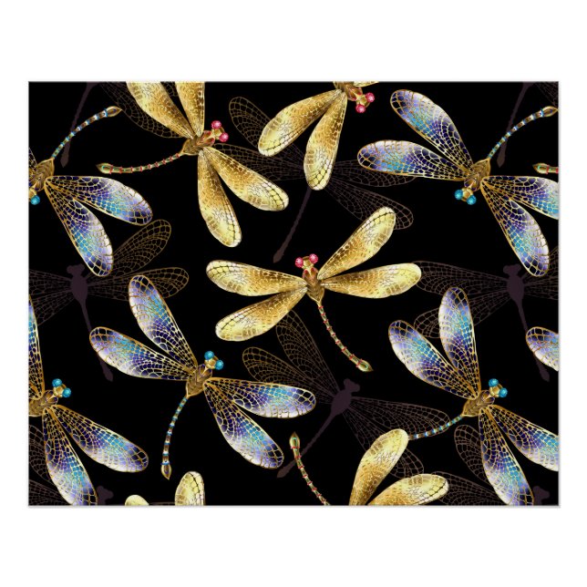 Seamless Pattern with Golden Dragonflies Poster (Front)