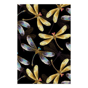 Seamless Pattern with Golden Dragonflies Poster