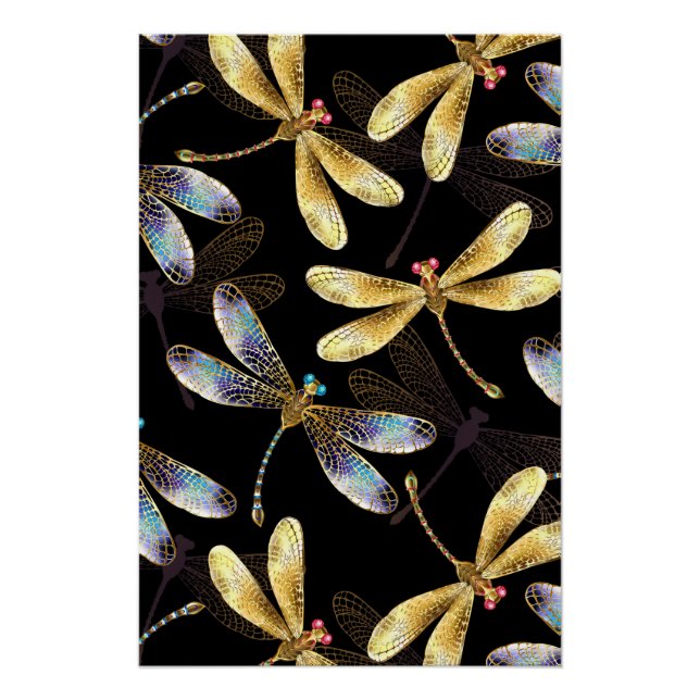 Seamless Pattern with Golden Dragonflies Poster (Front)