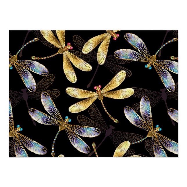 Seamless Pattern with Golden Dragonflies Poster (Front)
