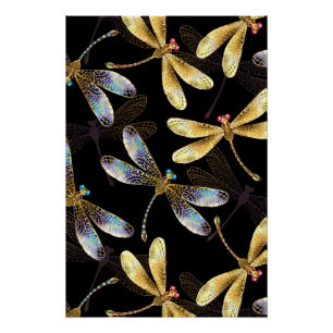 Seamless Pattern with Golden Dragonflies Poster