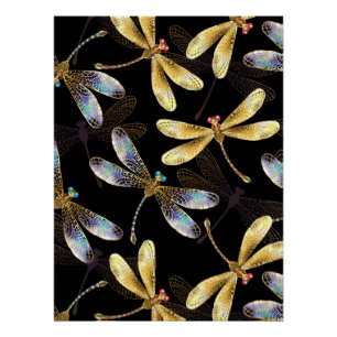 Seamless Pattern with Golden Dragonflies Poster