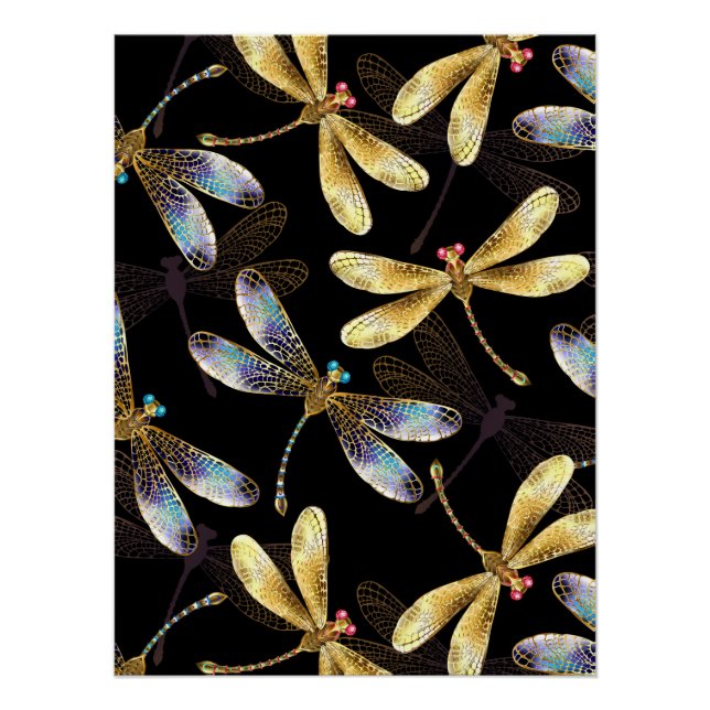 Seamless Pattern with Golden Dragonflies Poster (Front)