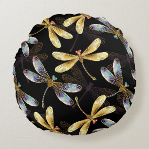 Seamless Pattern with Golden Dragonflies Round Cushion
